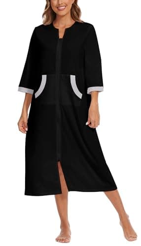 Korelayer Zipper Robes for Women 3/4 Sleeve Housecoats Long Lightweight Bathrobe House Dress with Pockets, Black, XX-Large - Image 2