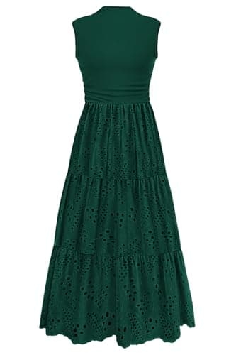 PRETTYGARDEN Summer Dresses for Women 2025 Casual Eyelet Sleeveless Wedding Guest Maxi Dress Tank Top Sundress with Pockets (Dark Green,Large) - Image 1