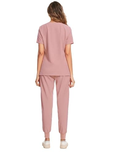 COZYFIT Women's Scrubs Set - Stretch V-Neck Top & Jogger Pant with 8 Pockets, Yoga Waistband, Anti Wrinkle, Slim Fit - Pink, S - Image 2