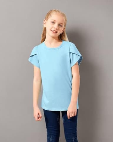 Goranbon Girls' Summer T Shirts Crewneck Petal Short Sleeve Cute Casual Tops A-Sky Blue - Image 6