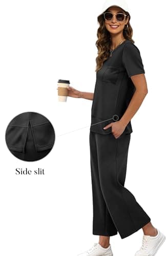 OFEEFAN Lounge Set for Women Two Piece Summer Outfits Loose Travel Short Sleeve Track Suit Wide Leg Loungewear Capri Pants Matching Clothing Set Cruise Wear Women's Airport Vacation Clothes Black XL - Image 3