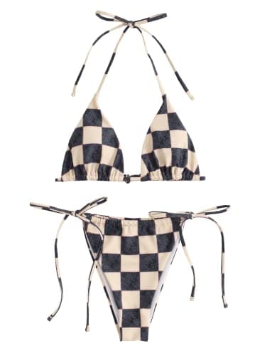 ZAFUL Triangle Bikini for Women 2 Piece Halter Bikini Sets Sexy High Cut Bathing Suit Side Tie Swimsuits Black Plaid XL - Image 1