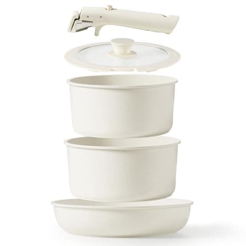 CAROTE 5pcs Pots and Pans Set Non Stick, Cookware Sets, Kitchen Set, Oven/Dishwasher/Fridge Safe, Space Saving Pots Set, Nonstick Set with Versatile Detachable Handle, Induction RV Set, Cream - Image 1