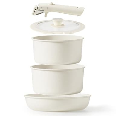 CAROTE 5pcs Pots and Pans Set Non Stick, Cookware Sets, Kitchen Set, Oven/Dishwasher/Fridge Safe, Space Saving Pots Set, Nonstick Set with Versatile Detachable Handle, Induction RV Set, Cream - Image 1