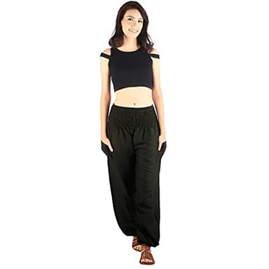 Boho Pants 2-Pocket Flowy Harem Pants Women for Yoga Travel Hippie Clothes Solid Black - Image 2