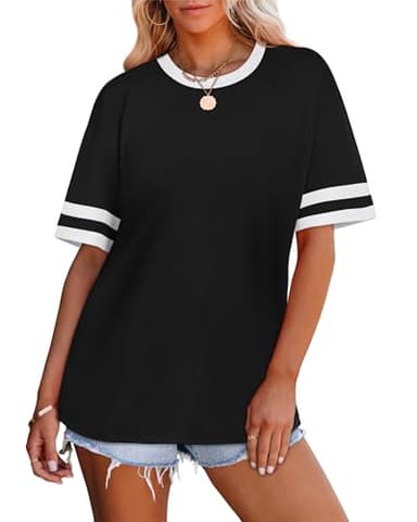 WIHOLL Womens Tops Plus Size Color Block Short Sleeve Black Summer Tops Fashion Oversized T Shirts Resort Wear for Women Spring School Outfits for Teachers Women 2025 2XL - Image 3