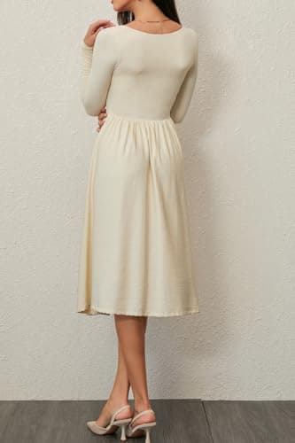 CHYRII Womens Spring Fashion 2025 Square Neck Long Sleeve Casual A-Line Midi Dress Beige XXL - Image 6