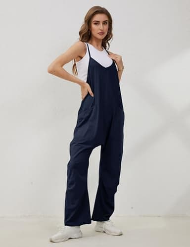Lentta Women's Causal Jumpsuits V Neck Sleeveless Harem Overalls Stretchy Adjustable Strap Romper with Pockets(DarkBlue-S) - Image 5