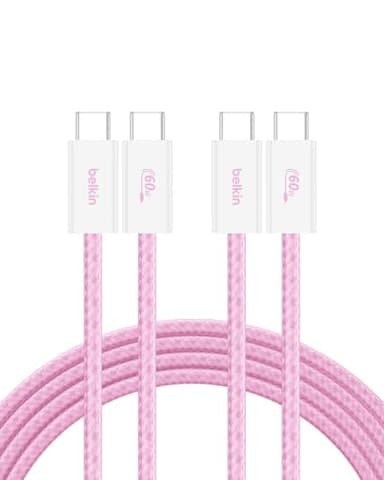Belkin USB C to USB C Cable 2-Pack, 6.6ft, 60W - Type C Charger, iPhone Charger Cord, Soft, Braided, Flexible for iPhone 16, Galaxy S25, Pixel 9, Airpods, iPad Pro & More, Travel Essentials - Pink - Image 1