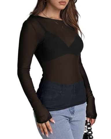 WIHOLL Long Sleeve Going Out Tops for Women Mesh See Through Ladies Sheer Round Neck Club wear Party Shirts Black S - Image 3