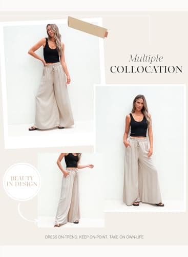 Dokotoo Beach Vacation Clothes for Women High Waist Drawstring Wide Leg Long Beach Pants Casual Loose Breathable Lounge Trousers for Women Cover Ups Fashion Clothing with Pockets Beige M - Image 6