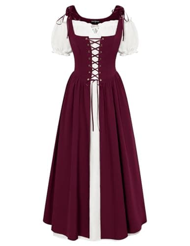 Scarlet Darkness Medieval Dress for Women Renaissance Costume Fairy Elf Short Sleeve Irish Chemise Dress & Overdress Wine 2XL - Image 1