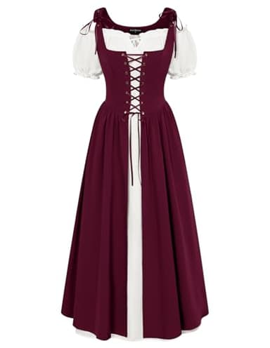 Scarlet Darkness Medieval Dress for Women Renaissance Costume Fairy Elf Short Sleeve Irish Chemise Dress & Overdress Wine 2XL - Image 1