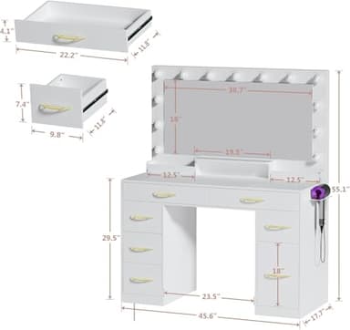 ALEXNUTRE Vanity Desk with Mirror and Lights, Makeup Vanity with Outlets & Large Mirror & 6 Drawers,White Vanity with 3-Color Adjustable Lighting, Makeup Vanity for Bedroom - Image 7