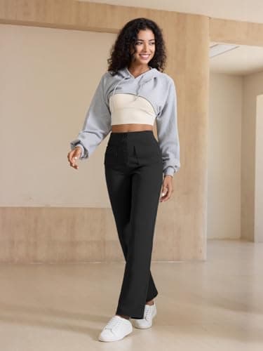 keriffe Women's Straight Leg Pants High Waisted Button Stretchy Business Work Casual Trousers Multiple Pockets Black - Image 6