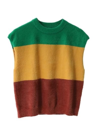 Dqbeng Womens Fuzzy Sweater Vest Sleeveless Casual Crewneck Loose Fit Color Block Pullover Tops (YellowCombo-XS) - Image 1