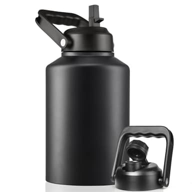 EALGRO Insulated Gallon Water Bottle Jug with Straw, 128 oz Large Stainless Steel Sports Metal Water Canteen With Handle, Thermal Water Cup Mug with 2 Lids, Midnight Black - Image 1