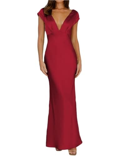 Halfisland Womens Summer Satin V Neck Cap Sleeve Backless Maxi Dress Elegant Twist Cut Out Midi Dresses Wedding Guest Burgundy - Image 1