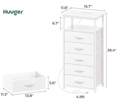 Huuger White Dresser with 5 Drawers & Charging Station, Tall Dresser for Bedroom, Tall Night Stand with PU Leather Finish, Open Shelf, Nightstand for Bedroom, Closet, Hallway, Entryway - Image 3