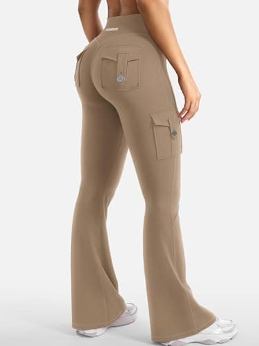 YEOREO CoreFlex Women Workout Flare Leggings with Pockets Hidden Scrunch High Waisted Cargo Gym Yoga Leggings Light Brown S - Image 7