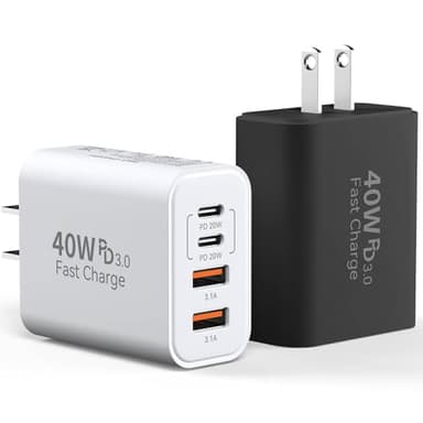 USB C Charger Block, 2-Pack 40W 4-Port Multiple Type C Fast Charging Phone Charger Brick +QC 3.0 USB A Wall Plug Out let Multiport Box Cube for Phone 15/14/13/12/11 Pro Max, Galaxy, Pixel, Black+White - Image 1
