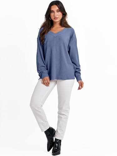 ANRABESS Oversized Long Sleeve Shirts for Women Off the Shoulder Sweatshirt Loose V Neck Tunic Tops High Low Sweater 2025 Small Grey Blue - Image 7