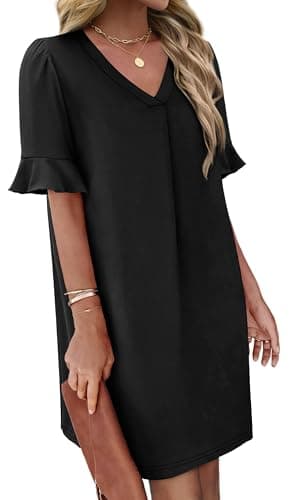 OFEEFAN Plus Size Dresses for Curvy Women Summer Short Sleeve V Neck Pleated Flowy Dresses for Women with Pockets Black 2XL - Image 3