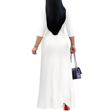 FANDEE Women's 2025 Maxi Dress - Solid Color Bohemian Summer Long Maxi Dress V-Neck 3/4 Sleeve White 2XL - Image 3