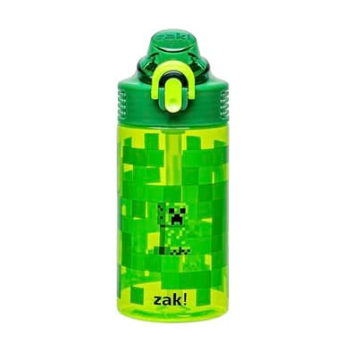 Zak Designs Sage Minecraft Kids Water Bottle For School or Travel, 16oz Durable Plastic Water Bottle With Straw, Handle, and Leak-Proof, Pop-Up Spout Cover (Creeper) - Image 1