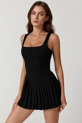 QINSEN Pleated Workout Dress with Built in Shorts Square Neck Sleeveless No Bra Summer Athletic Dress Black M - Image 4