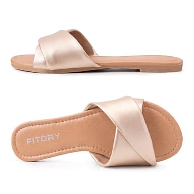 FITORY Women's Flat Sandals Fashion Slides With Soft Leather Slippers for Summer Gold Size 9 - Image 4