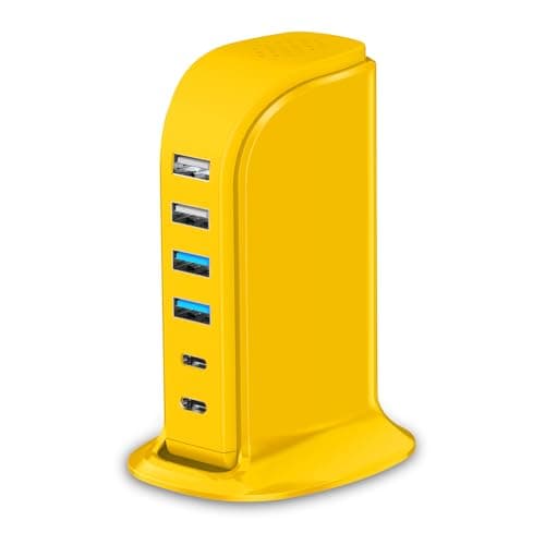 45W USB Charging Station, 6-Port Hub with 4 USB-A & 2 USB-C Ports, 5ft Cable, Yellow - Image 1