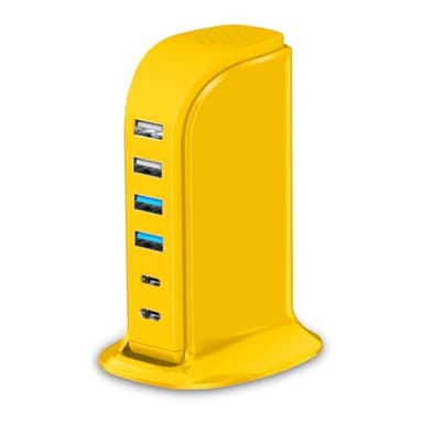 45W USB Charging Station, 6-Port Hub with 4 USB-A & 2 USB-C Ports, 5ft Cable, Yellow - Image 1