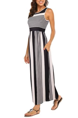 Hount Black Dresses for Women Casual Crewneck Long Maxi Dress with Pockets Striped S - Image 1