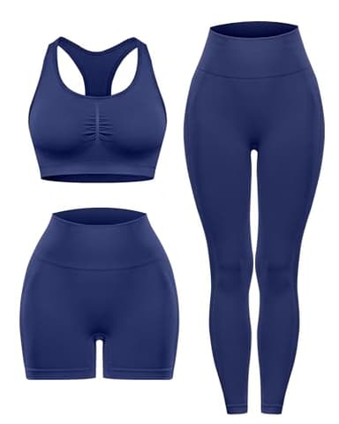 SALSPOR 3 Piece Workout Sets for Women Butt Lifting Leggings with High Impact Sports Bra Gym Shorts(3DWX-Navy Blue-M) - Image 5