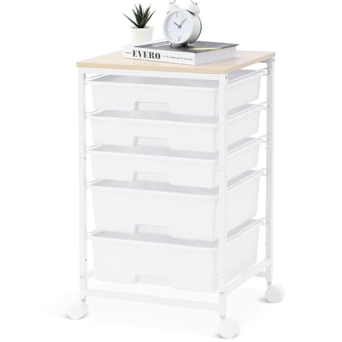 SYKIARIOL Utility Cart with 5 Drawers,Storage Drawer Cart with Wooden Tabletop and Lockable Wheels,Craft Storage Trolley Cart,5-Tier Rolling Utility Cart on Wheels,Bright White - Image 1
