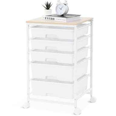 SYKIARIOL Utility Cart with 5 Drawers,Storage Drawer Cart with Wooden Tabletop and Lockable Wheels,Craft Storage Trolley Cart,5-Tier Rolling Utility Cart on Wheels,Bright White - Image 1