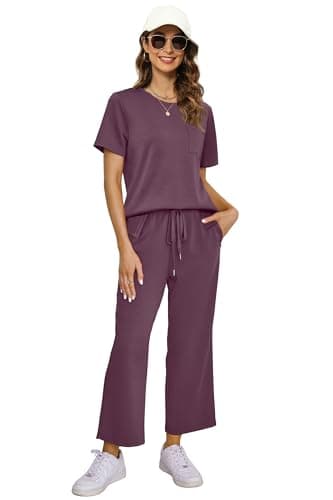 OFEEFAN Vacation Outfits for Women Casual Summer 2 Piece Lounge Set Spring Fashion Short Sleeve Tracksuit Wide Leg Loungewear Airport Clothes Holiday Clothing Women's Cruise Wear Purple XXL - Image 4