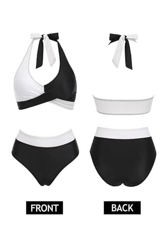 AI'MAGE Women's High Waisted Bikini Sets Tummy Control Swimsuits 2025 Two Piece Bathing Suits Color Block HalterSwim Suits, Black and White, S - Image 5