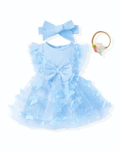 Renotemy Newborn Baby Girl Tulle Tutu Dress Blue Butterfly Sleeveless Boho Fairy Baptism Princess Wedding Birthday Party Dresses for Baby Girls with Flower Headband 0-3 Months - Image 1