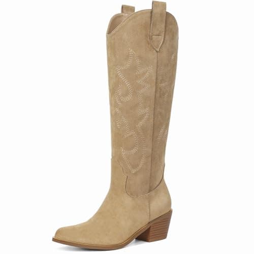 Erocalli Knee High Cowgirl Boots Pointed Toe and Block Heel Cowboy Faux Suede Boots with Embroidered - Image 1