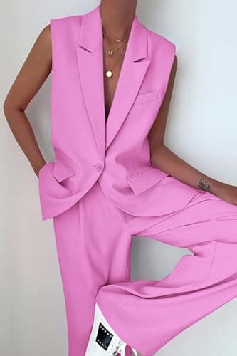 PRETTYGARDEN Women's 2 Piece Pant Suit Dressy Button Up Vest Blazer and Long Pants Set Business Casual Outfits (Pink,Small) - Image 2