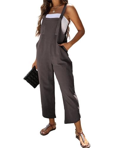 Omoone Women Sleeveless Cotton Straps Baggy Jumpsuit Overalls Casual Summer Bib Rompers Pockets (3124-Grey-M) - Image 1