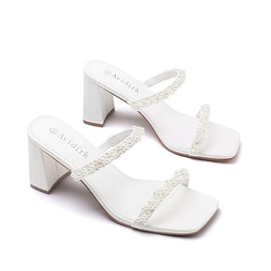 Avidirk Pearl White Heels Sandals Women's Square Open Toe Heeled Sandals Two Strap Mules Slip On Block Chunky Mid Heeled - Image 3