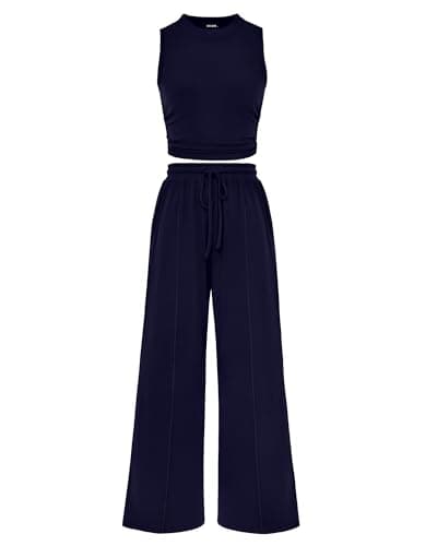 BTFBM Women Summer 2 Piece Outfits 2025 Beach Crew Neck Sleeveless Cropped Top Elastic Waist Wide Leg Pants Lounge Set(Navy, Medium) - Image 1