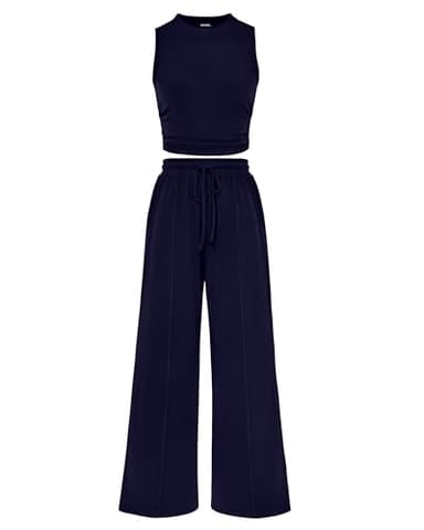 BTFBM Women Summer 2 Piece Outfits 2025 Beach Crew Neck Sleeveless Cropped Top Elastic Waist Wide Leg Pants Lounge Set(Navy, Medium) - Image 1