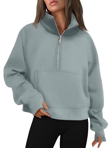 AUTOMET Womens Sweatshirts Half Zip Cropped Pullover Fleece Quarter Zipper Sweater Hoodies 2025 Fall Fashion Outfits Clothes Greygreen Large - Image 1