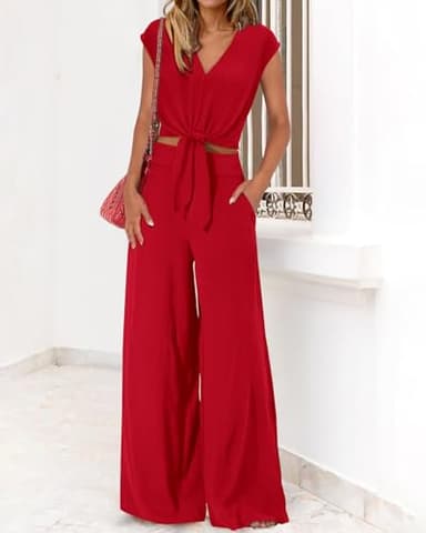PRETTYGARDEN Women's Casual Summer Outfits 2 Piece Cute Cap Sleeve Tie Front Tops Loose Fit Pant Fashion Airport Outfit(Solid Red,Small) - Image 3