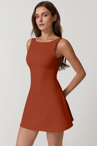 QINSEN Sleeveless Sport Dress for Women Summer Boat Neck Backless Workout Tennis Dress Brick Red M - Image 3