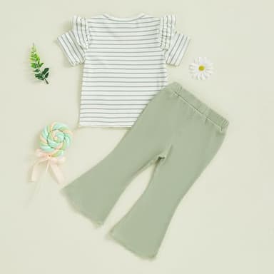 Demdzq Toddler Baby Girl Summer Clothes Striped Ruffles Short Sleeve T-Shirt Top Elastic Flare Pants Infant Spring Clothes (Cute Green, 2-3T) - Image 7